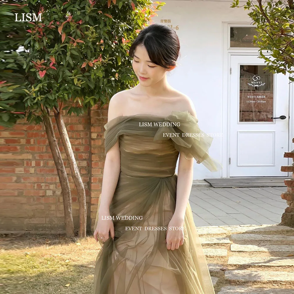 

LISM Elegant Green Tulle Korea Evening Dresses Photo Shoot Off The Shoulder Corset Back Long Formal Occasion Dress For Women