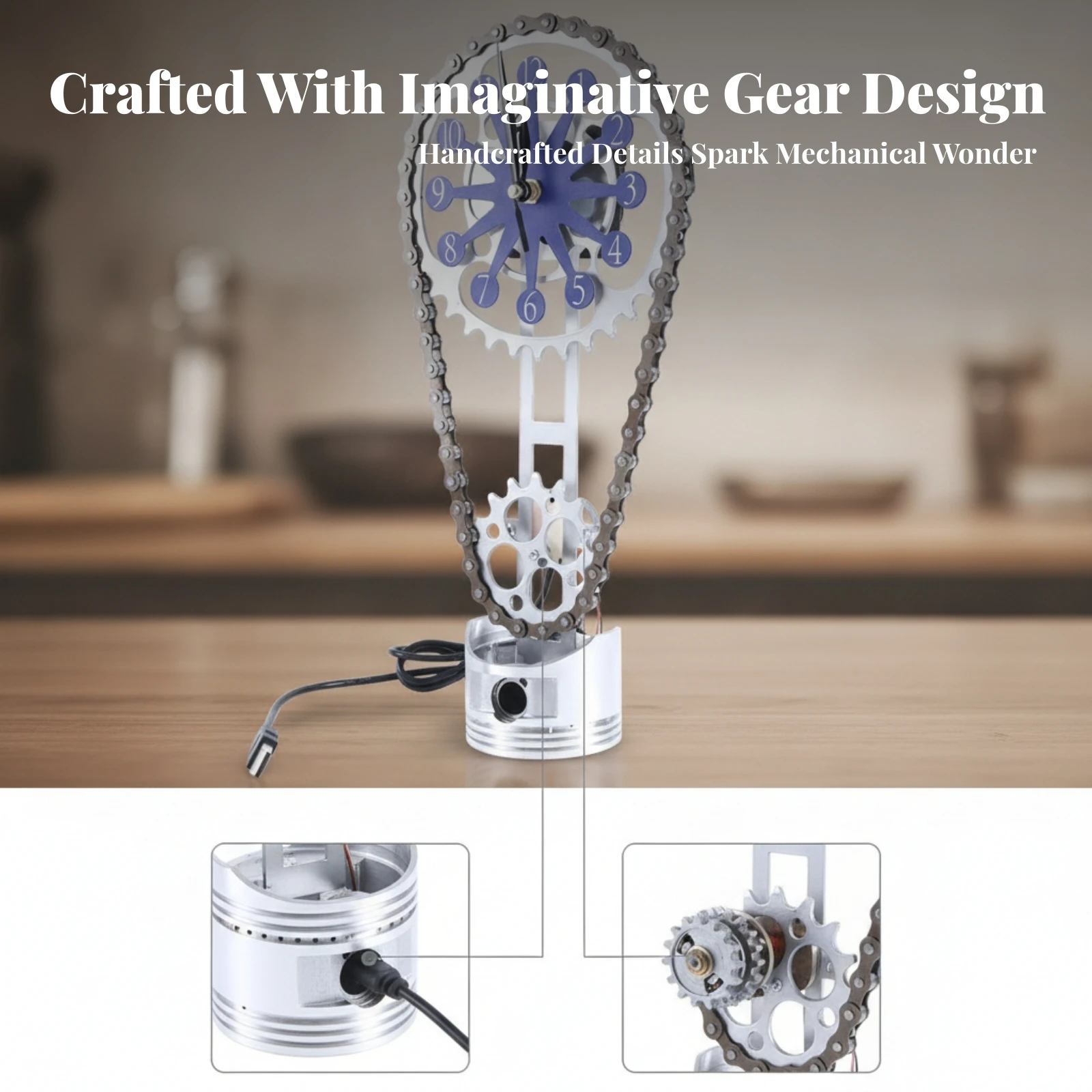 Steampunk Gear Clock Blue Face Steampunk Clock Clear Base Silver-Toned