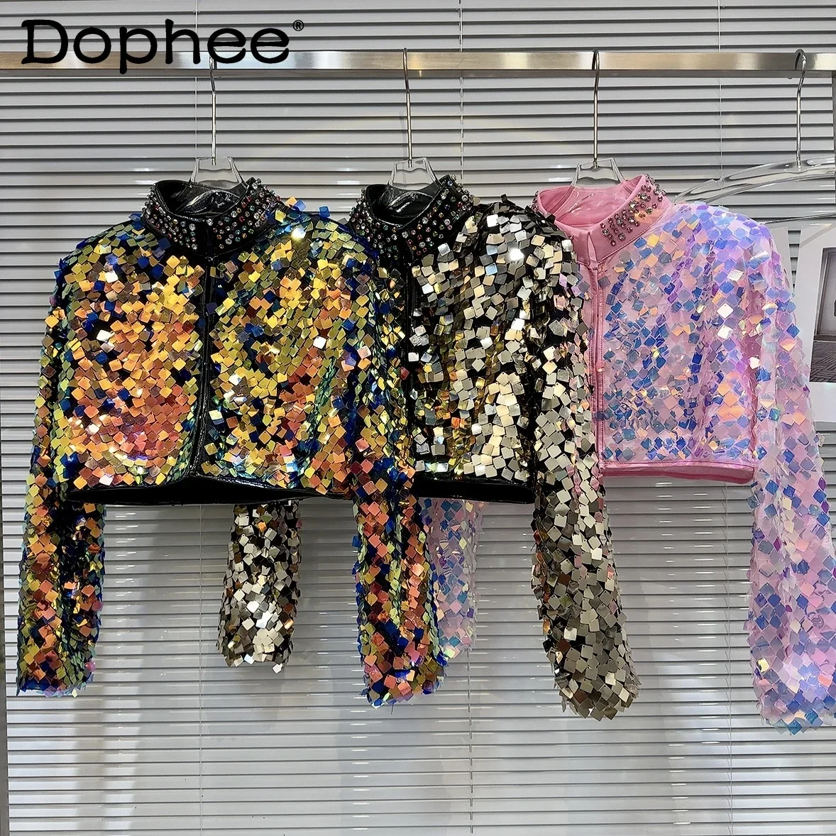 

Color Gradient Sequin Short Coat Women 2023 Winter New Heavy Industry Rhinestone Stand Collar Long Sleeve Jacket Top Female