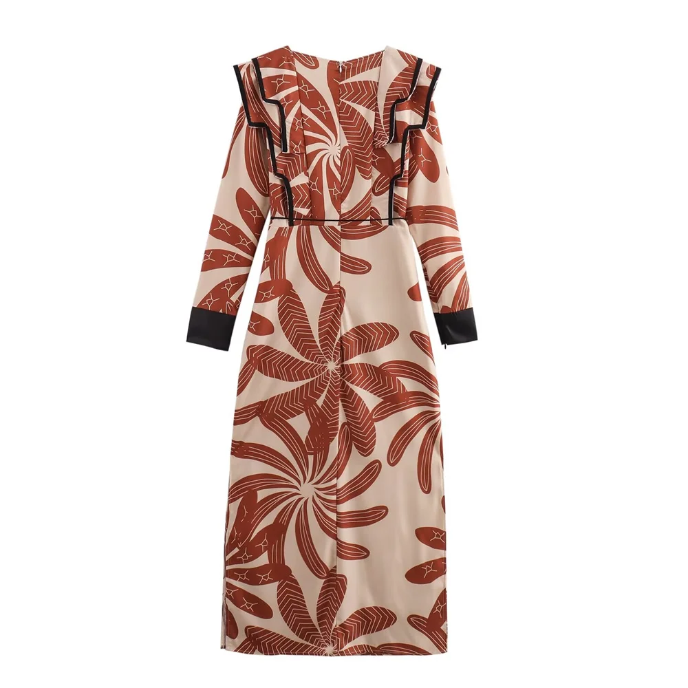 BM&MD&ZA 2024 letnia damska nowa prosta, wysokiej klasy elegancka dojazdowa długa spódnica z nadrukiem kwadratowy dekolt sukienka z frędzlami w talii