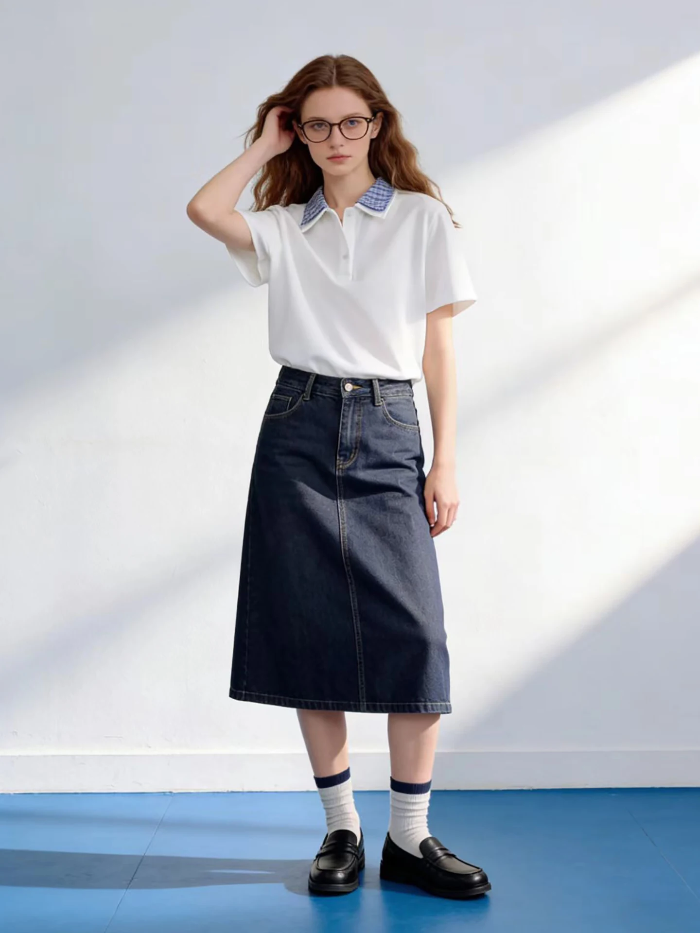 

HUAAPPUW Color Block Double Layer Neck T-Shirt Women's Short Sleeve Spring 2026 New Style Miu Series French Style Loose Fit