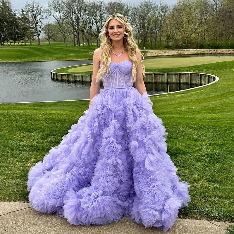 Fairy Lavender Tulle Ball Gown Prom Dress Sweetheart Ruffles Tiered Graduation Party Gown Exposed Boning Layere Homecoming Dress