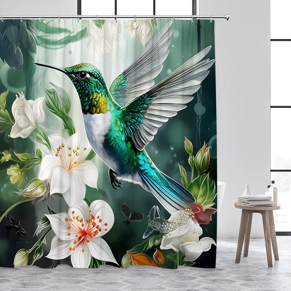 Parrot Hummingbird Shower Curtains Tropical Plant Palm Leaves Monstera Birds Flowers Bath Curtain Polyester Cloth Bathroom Decor