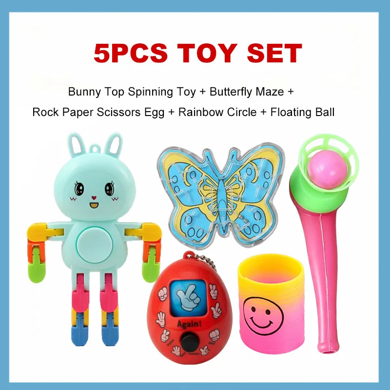 5 Pcs Set Kids Favorite Party Toy Bunny Top Spinning Toy+Butterfly Maze+Rock Paper Scissors Egg+Rainbow Circle+Floating Ball