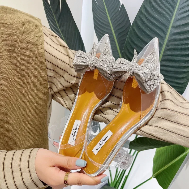 Summer Women Rhinestone Bow Clear Heel Slingback Sandals Pointed Toe Transparent PVC Heeled Shoes for Party Wedding Slingback