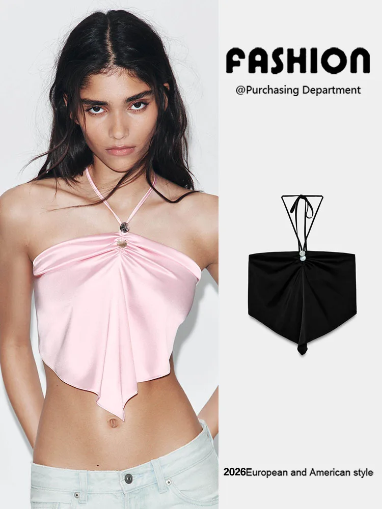 

New Summer Women's Silk Satin Feel Collarless Top Slim Fit Short Sleeveless Chinese Style Clothing Hang Neck Design