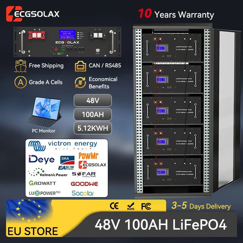 Batterie de stockage solaire au phosphate de fer et de lithium ECGSOLAX 51.2V 100Ah 48V 5.12kWh 16S 100A avec BMS intégré, 6000+ cycles profonds, compatible avec les onduleurs solaires, entrepôt local UE