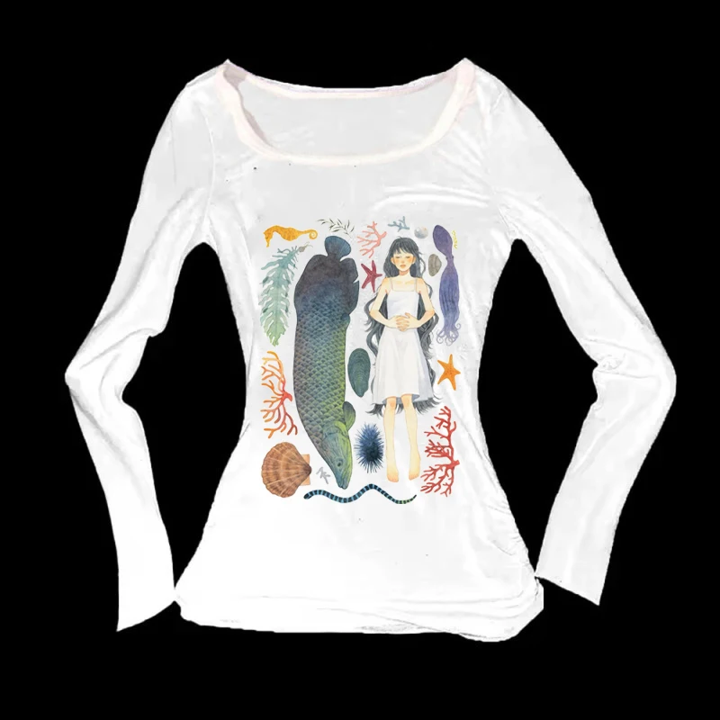 

Summer 2025 new Y2k slim fit printed top for women, off shoulder short sleeved T-shirt, retro long sleeved strap tied T-shirt