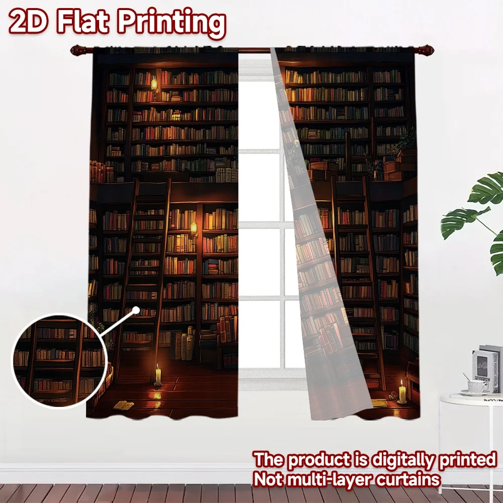 2D flat 2pcs Curtain Home Short Curtains Cozy Candlelit Library Digitally printed polyester, colorfast Party Decorations Perfect