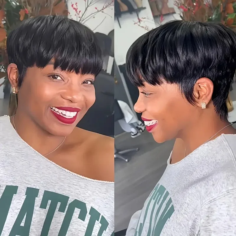 여성용 짧은 픽시 컷 가발 인모 머리카락 앞머리가 있는 기계 제작 가발