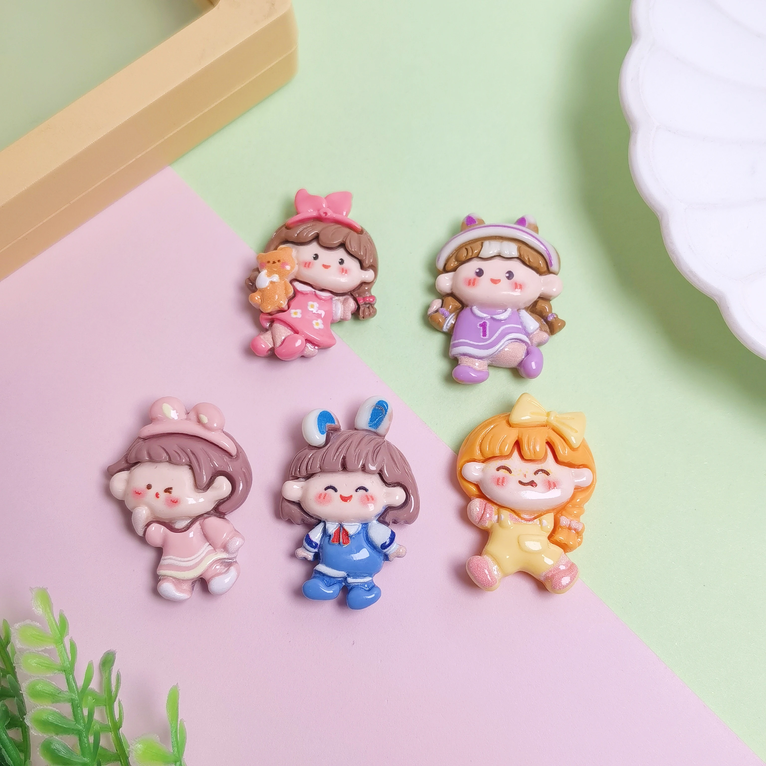 Resin Colorful Kawaii Rabbit Girl Sister Princess Flatback Cartoon Figurines Scrapbook DIY Decor Bow Accessories Crafts