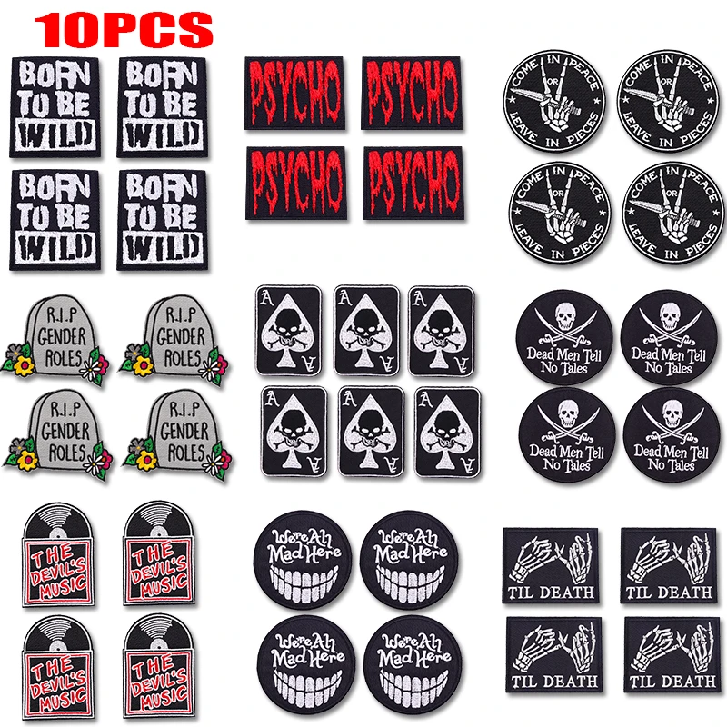 10PCS Punk Skull Patch Rock Music Poker Embroidered Patches DIY Iron On Patches For Clothing Thermoadhesive Patches Jeans Badges