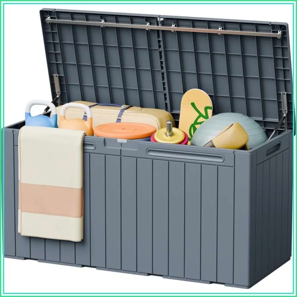 110 Gallon Outdoor Storage Box with Lockable Lid, All-Weather Waterproof Deck Box for Patio Furniture, Pool Supplies & Garden Tools, UV-Resistant, Gray
