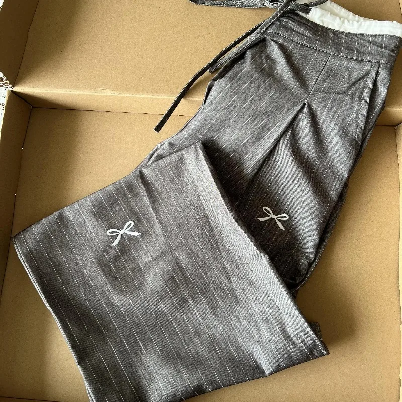 Chic Women High Waist Grey Striped Pants Spring Autumn Drawstring Bow Wide Leg Straight Trousers Casual Versatile Pants