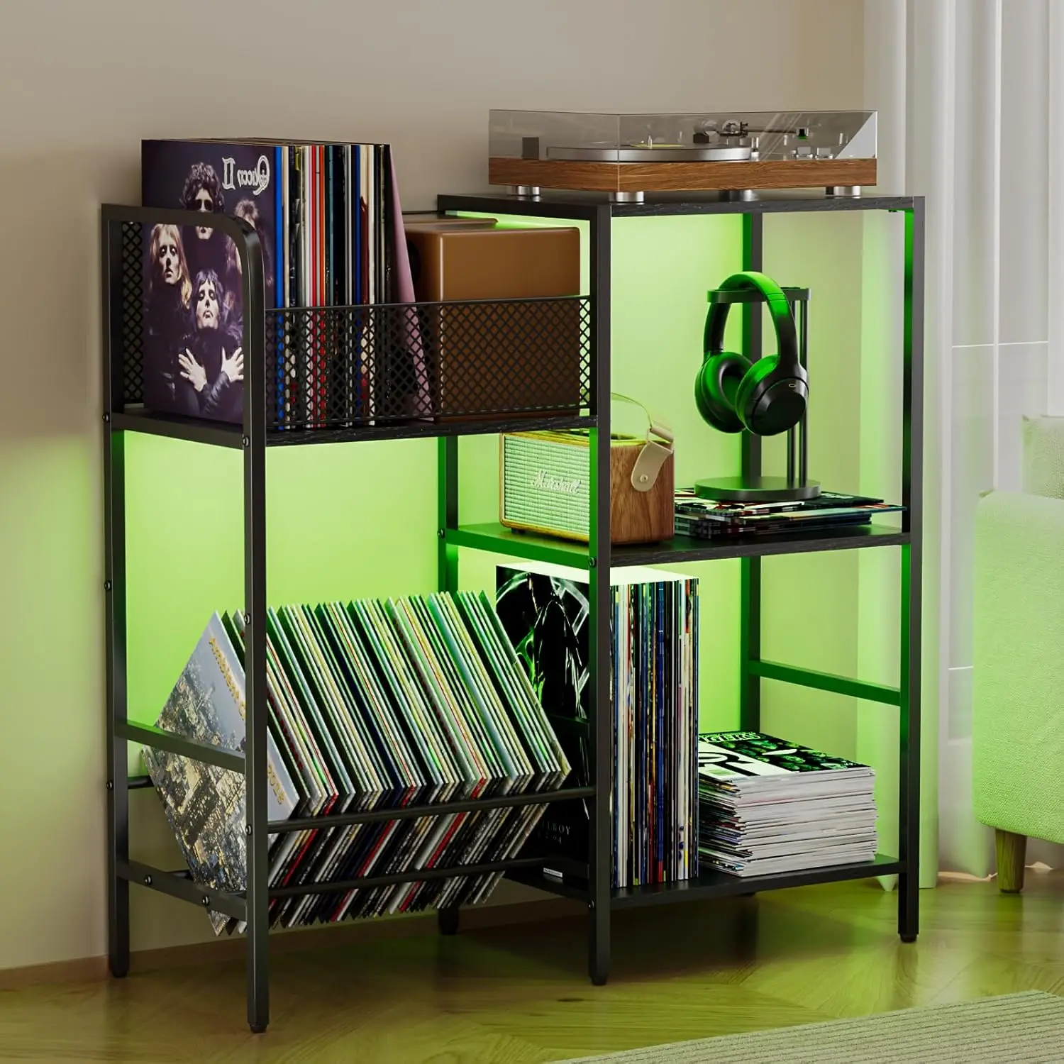 

Record Player Stand with LED Light, Turntable Stand with Vinyl Storage - Up to 300+ Albums, 3-Tier Record Player Table C