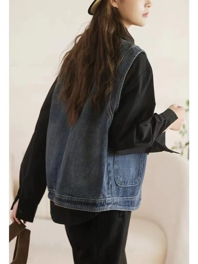 Rétro Sle boutonné Denim gilet femmes ort Jaet printemps superposition petite taille nouveau chinois Sle oulder Pad gilet