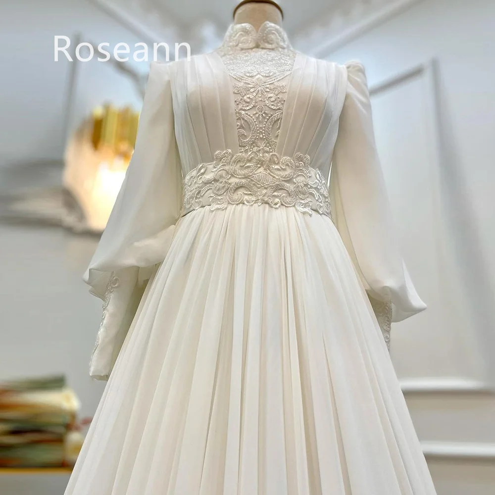 Vestidos de casamento retrô linha A com gola alta, apliques plissados drapeado, vestido de noiva completo, cetim com pérolas, até o chão, túnica muçulmana