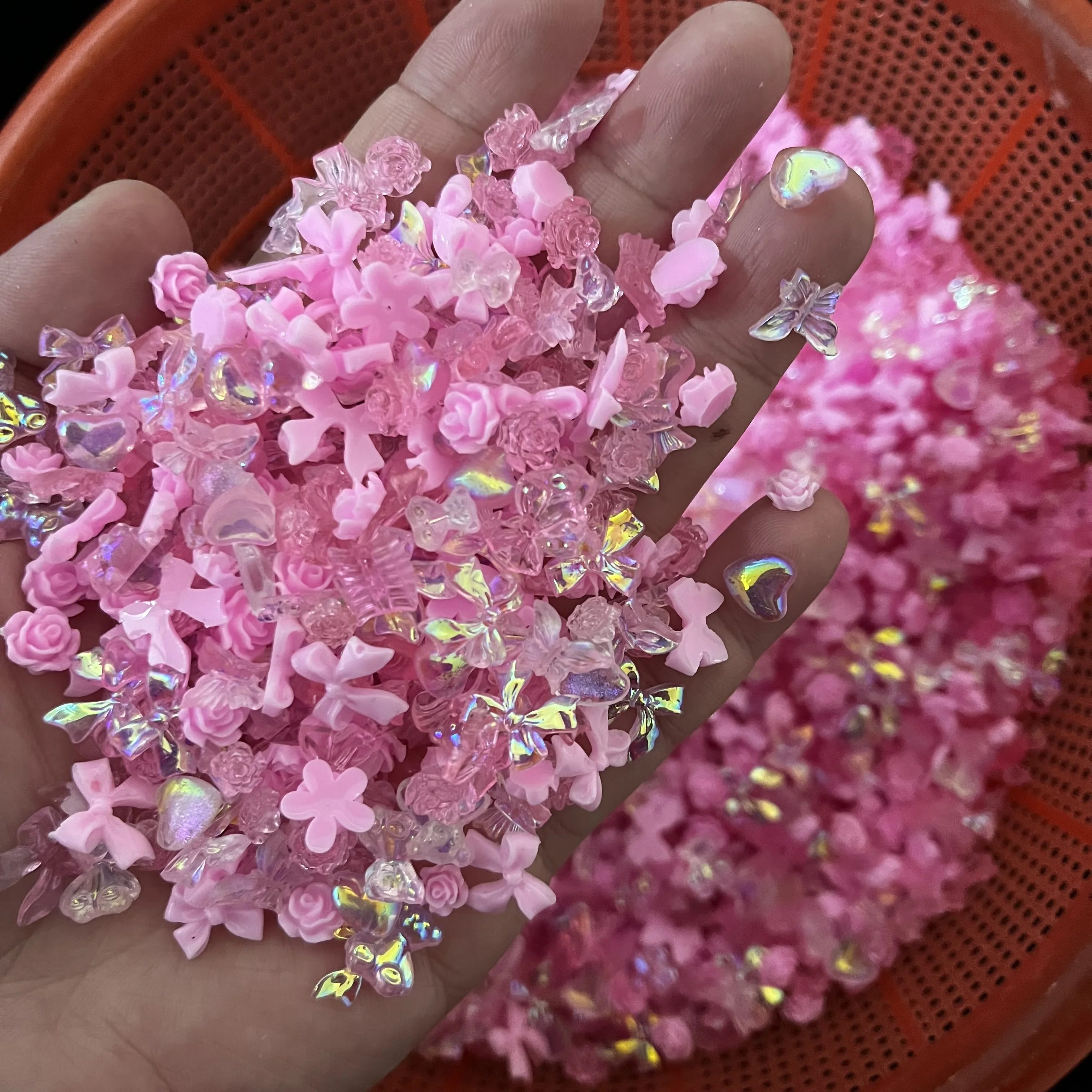 3D 송진 핑크 보라색 네일 참 꽃 하트 베어 혼합 네일 아트 장식, 카와이 핑크 리본 나비 매듭 네일 부품, 500-600pc, 50g