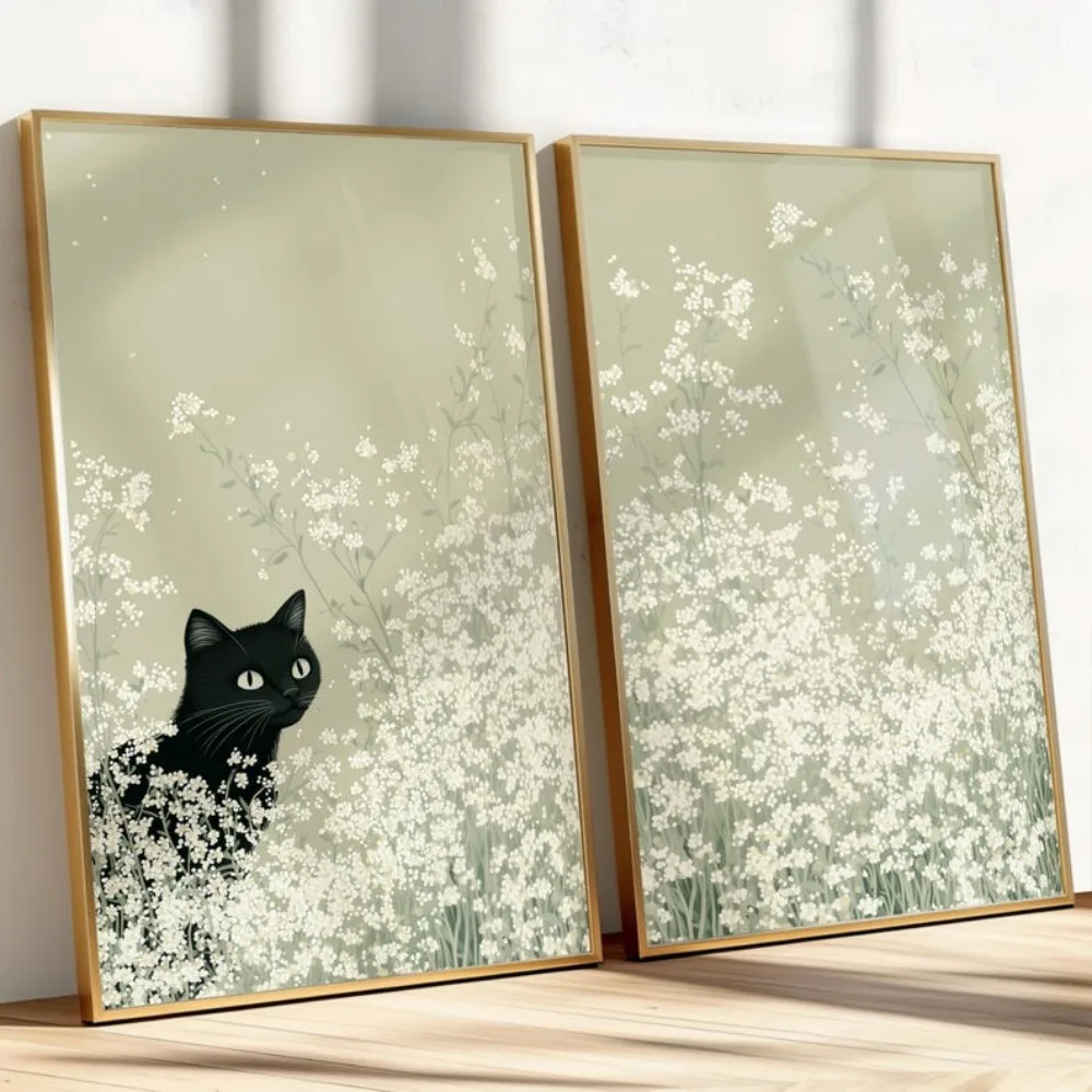 2pcs Frameless,2D Flat2pcs Black Cats in A Flower Field Canvas Posters Set, Noframed Sage Green Spring Canvas Wall Art for Livin