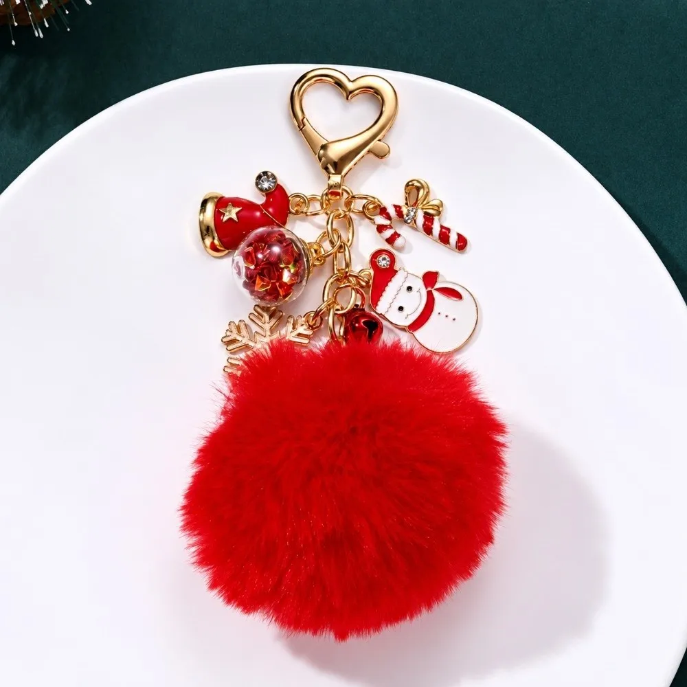 Gift Soft Plush Fluffy Ball Keychain Heart Clasp Snowflake Bell Christmas Keychain Cute Elegant Bag Charm Party Favor