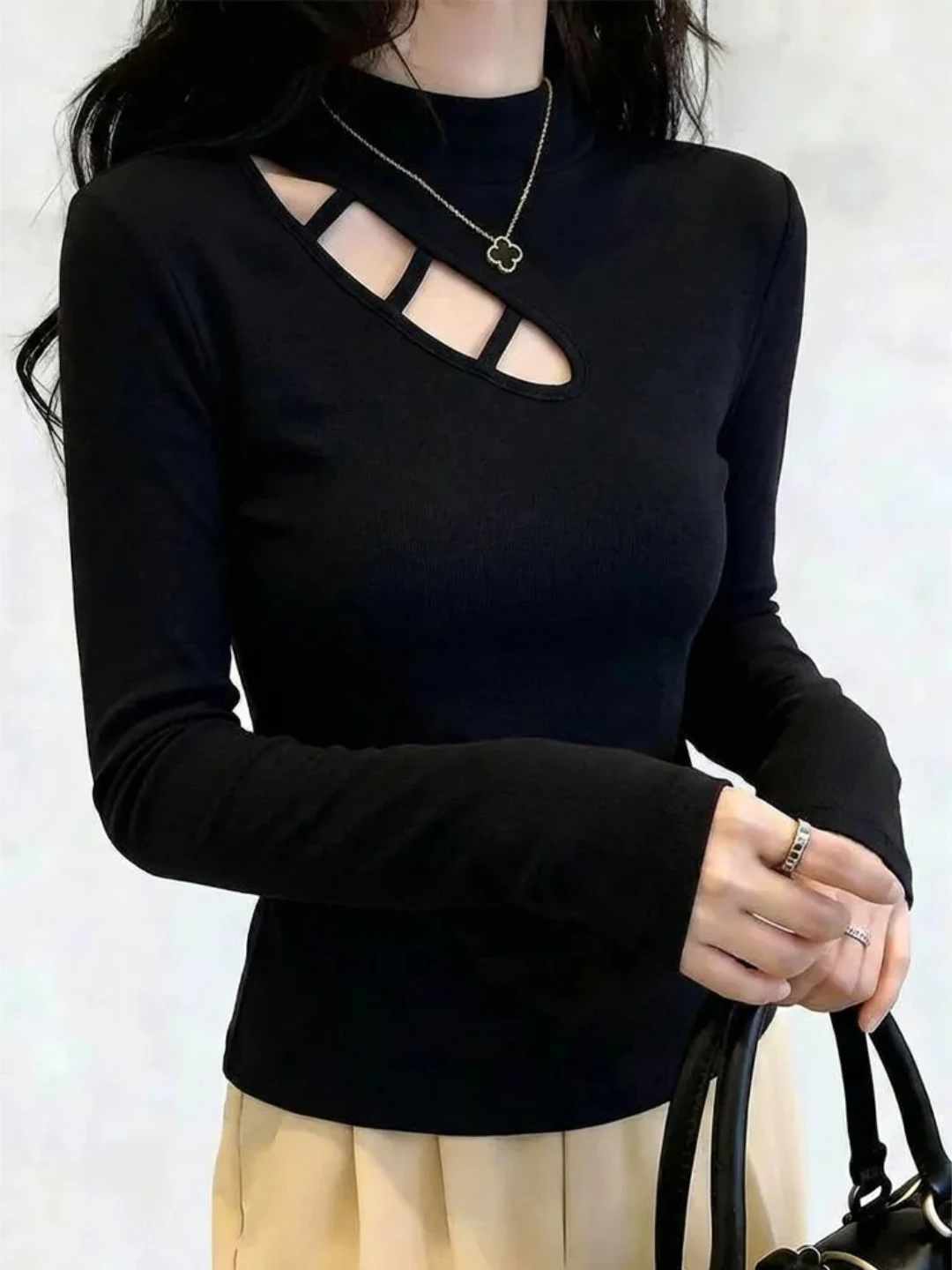 

Женская футболка больших размеров с высоким воротом и длинными рукавами, с вырезами, облегающая, в повседневном стиле, весна-осень, верхняя одежда