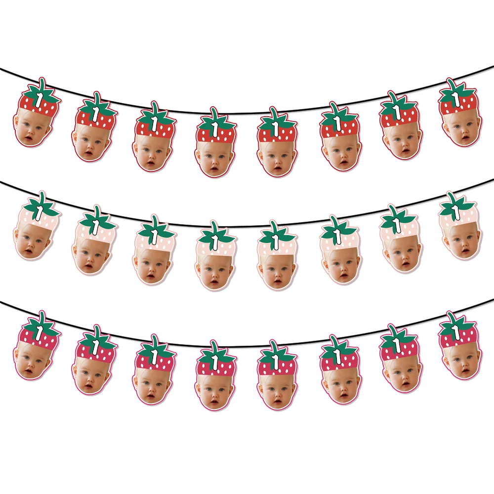 8pcs Custom Birthday Strawberry Hat Photo Banner Personalized Face Photo Bunting Banner for Birthday Party Favor Birthday Banner