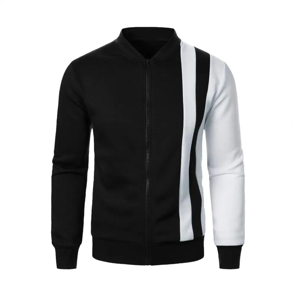 Fall Spring Men Jacket Stand Collar Zipper Closure Long Sleeves Color Matching Elastic Cuff Hem Cardigan Slim Fit Sport Coat