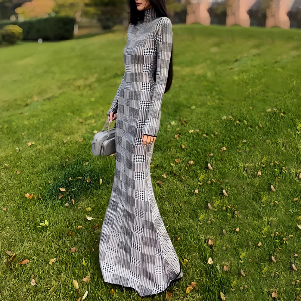 TWOTWINSTYLE Colorblock Slimming Fashion Dresses for Women High Neck Long Neck Patchwork Stripe Dress Female Clothing Style New