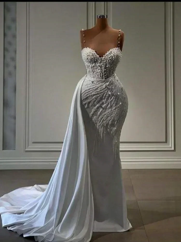 Flavinke Customized Luxurious Spaghetti Strap Mermaid Appliques Pearls Wedding Dresses Sweep Train Robe De Mariee Bridal Gown