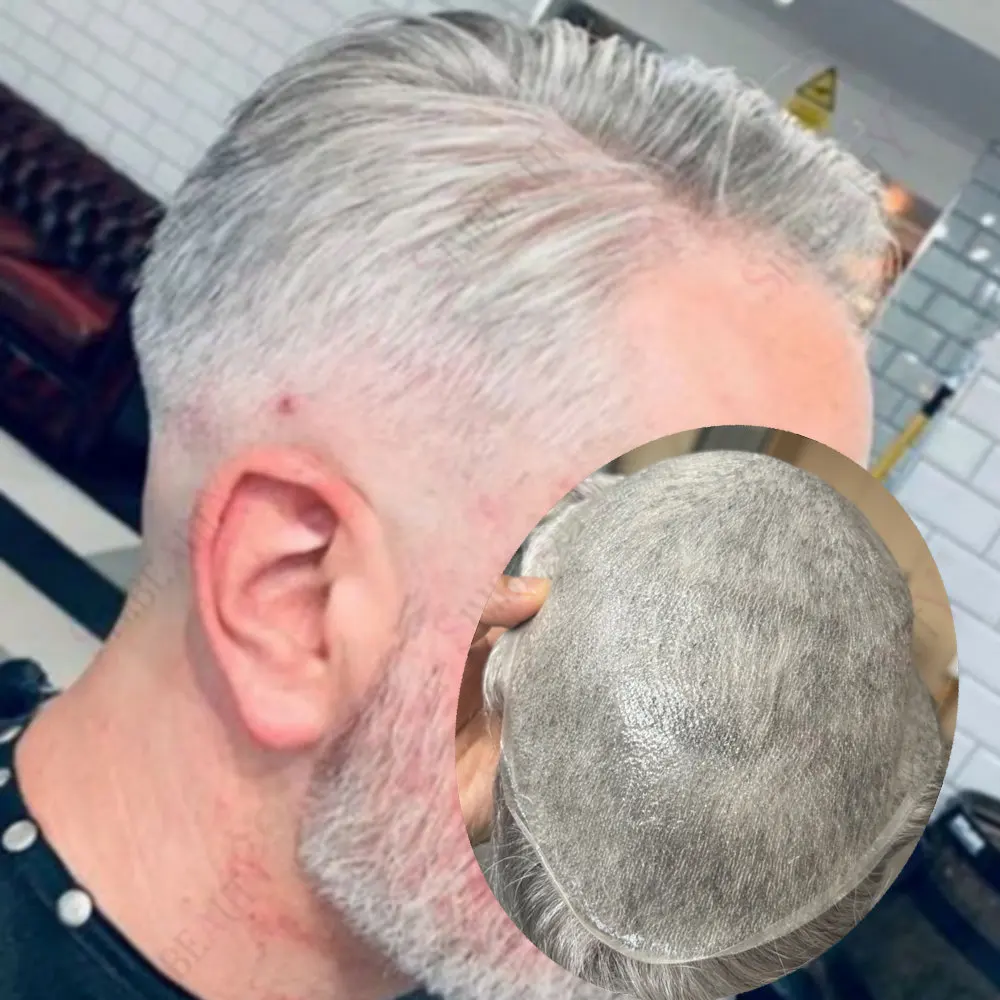 قطعة شعر رجالية واقعية Thinnest0.02mm رقيقة الجلد غير مرئية شعري Vloop الرجال الشعر المستعار 1b10 # 1B80 شعر بشري ريمي أشقر أسود رمادي