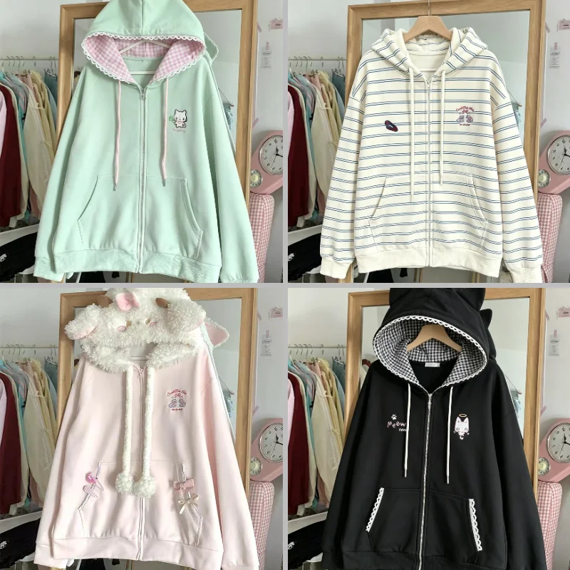 Casual Subculture Printed Hooded Sweatshirts Women Long Sleeve Oversized Jackets Korean Y2k Japanese Harajuku Outer Coats