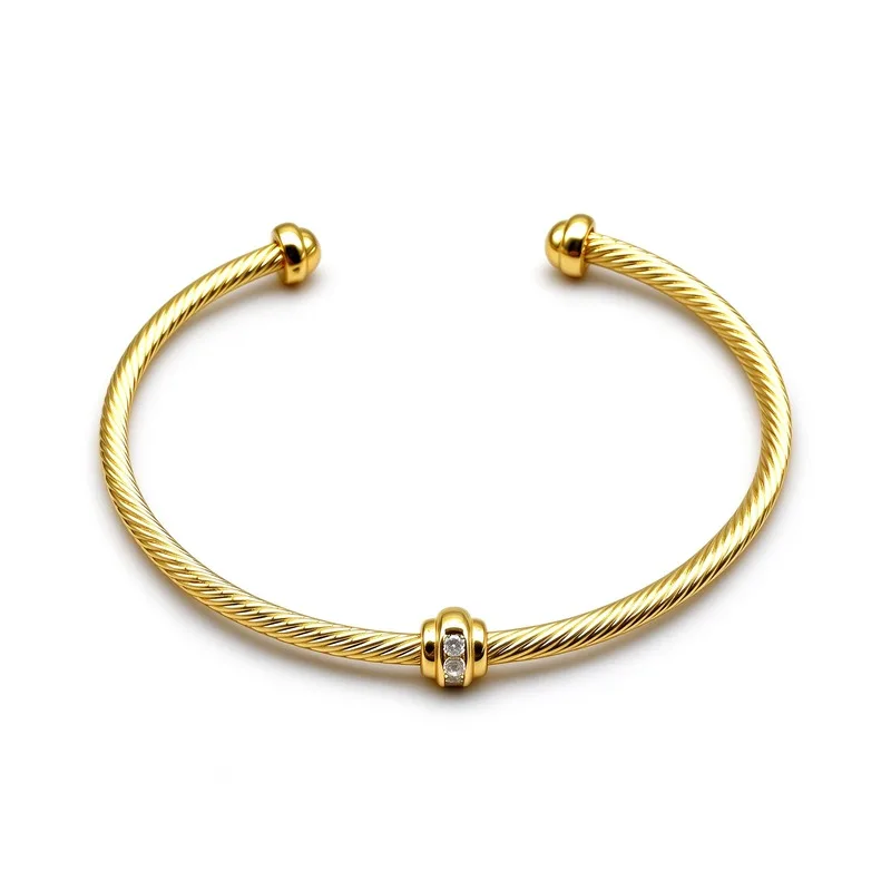 3mm Delicate Twisted Cable Cuff Bangle Braceletfor Women, Ball End Caps with Center RoundStone, Gold Tone Alloy Thin Open Wire Bangle,Minimalist Dainty, Thin Cable Design, DelicateEveryday Wear, Stackable, Perfect Gift for HerWomen Ladies, Great Birt