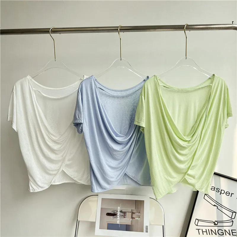 Lightweight Sexy Back Cropped Women Workout Shirts Twist Brushed Gym Tank Tops Short Sleeve Summer Yoga Top