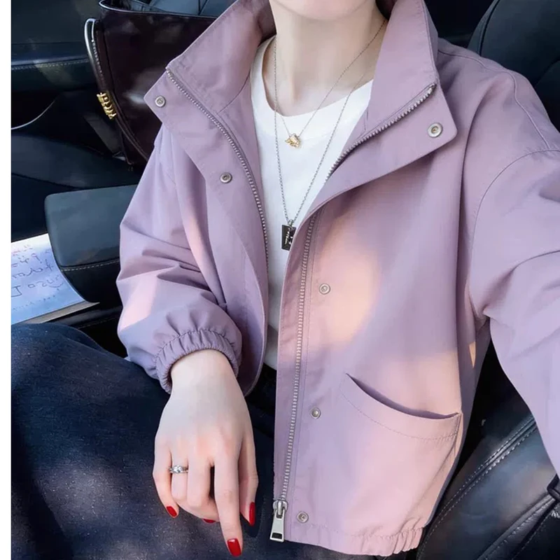 

Women Spring Autumn Pink Casual Stand Collar Jacket Long Sleeve Pocket Loose Short Outerwear Coat Tops Y2K Commute Lady Outwear