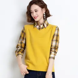 Women Fashion Shirt Collar Sweaters Autumn Vintage Fake Two Pieces Knitted Jumper Office Lady Plaid Loose Pullovers