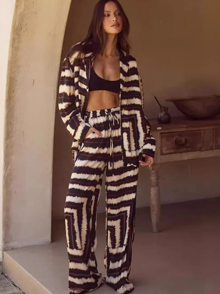 Fashion Stripe Long Pants Set For Women Lapel Single Breasted Shirt Wide Leg High Waist Pant 2 Pieces Sets Lady Chic Street Suit - Image 6