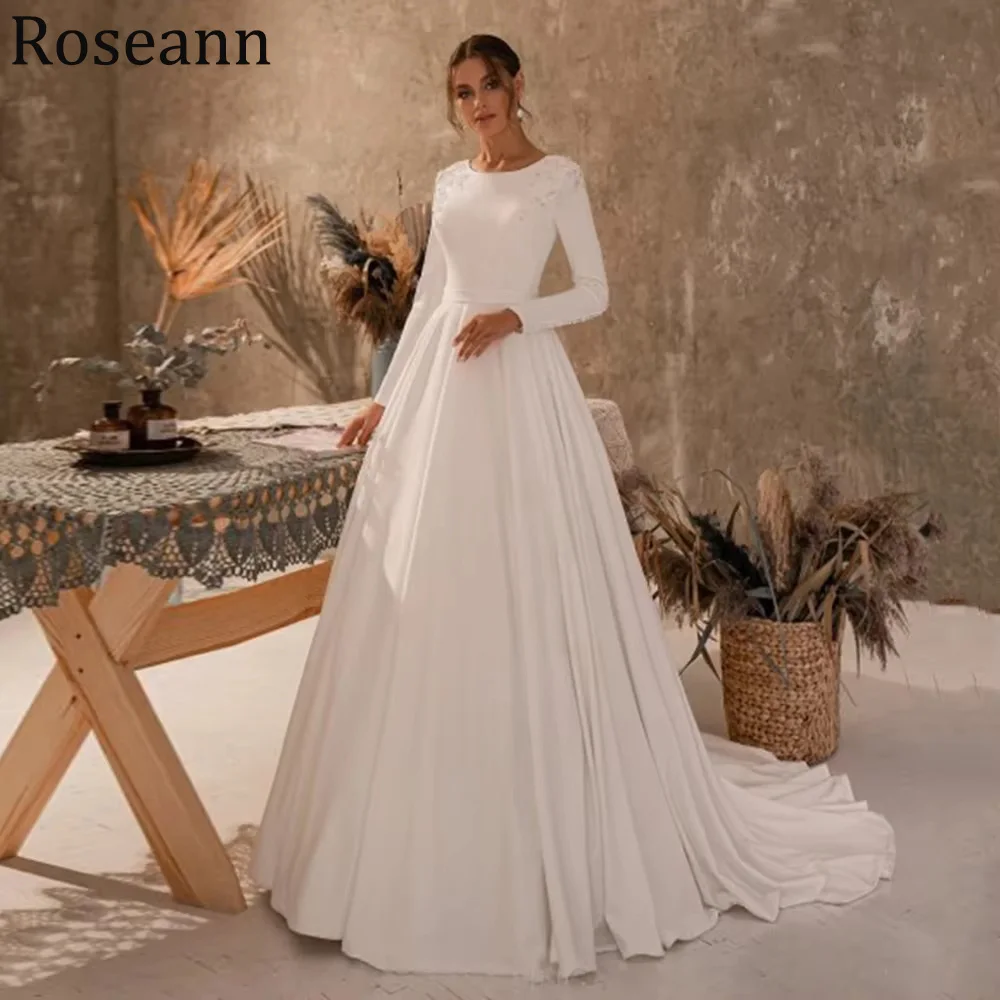 

Элегантные мусульманские свадебные платья по индивидуальному заказу с круглым вырезом и длинными рукавами, украшенные бисером и жемчугом, пуговицы, трапециевидный шлейф, скромные платья Vestidos De Novia