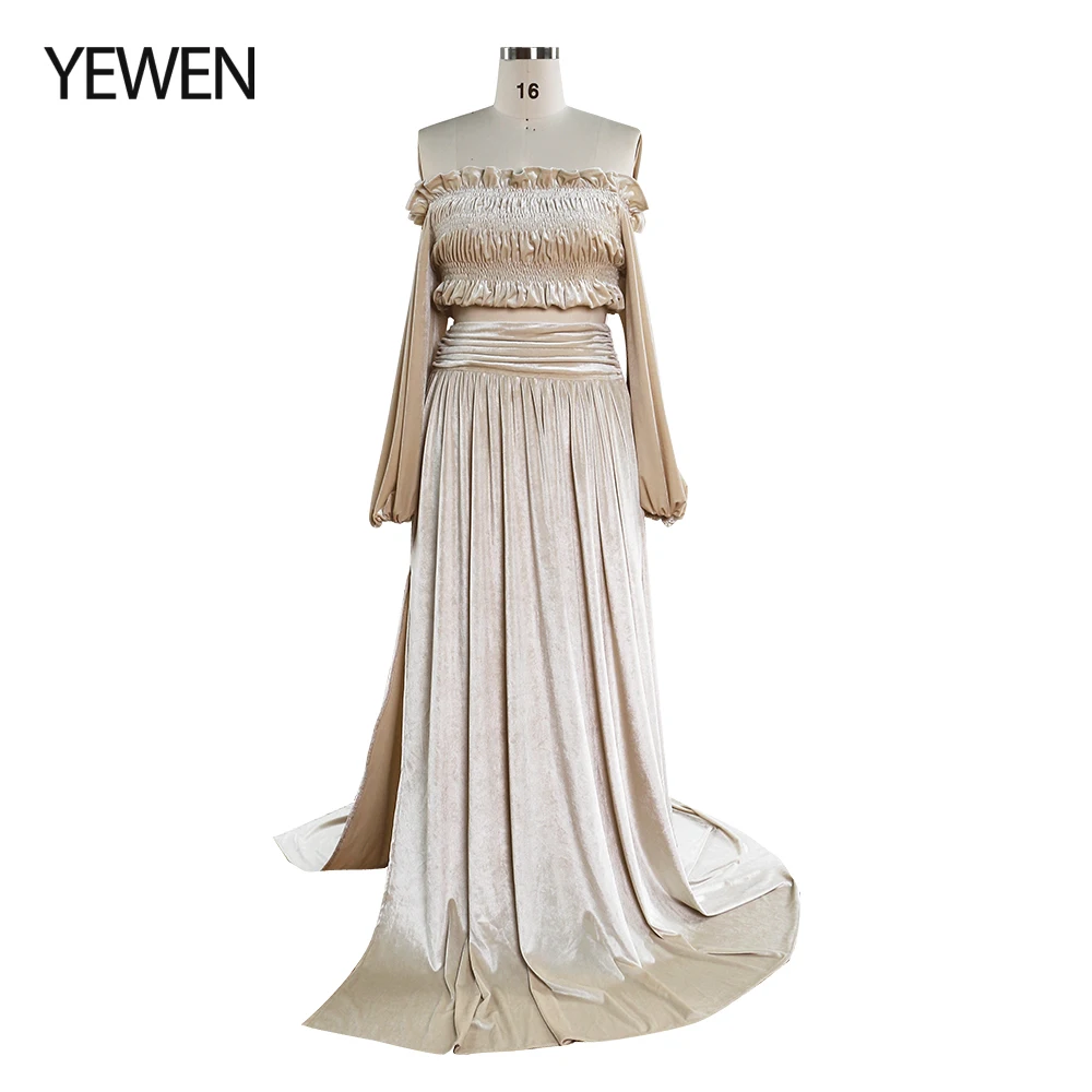 

Two-Piece Cream Beige Velvet Crop Top and Long Skirt Set Maternity Dresses for Photo Shoot with Leg Slit YEWEN YW220929