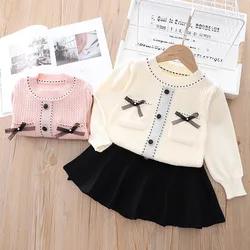 Childrens Sets Girl Korean Knitting Girl Code Round Neck Sweater Pleated Skirt Two Pieces Simple 2024 Round Collar Striped