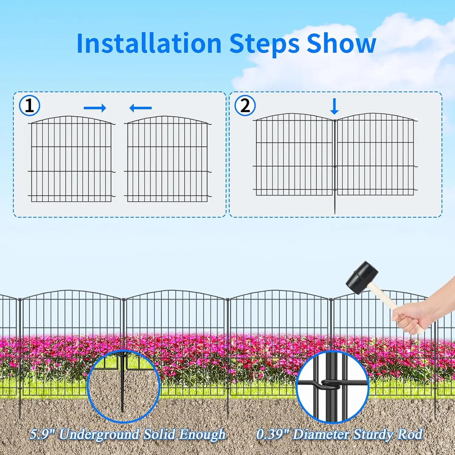 Garden Fence 6 Panels 11.8ft (L)×24in (H) Decorative Garden Fence with 6 Panels Rustproof Wire No Dig Garden Fence Animal