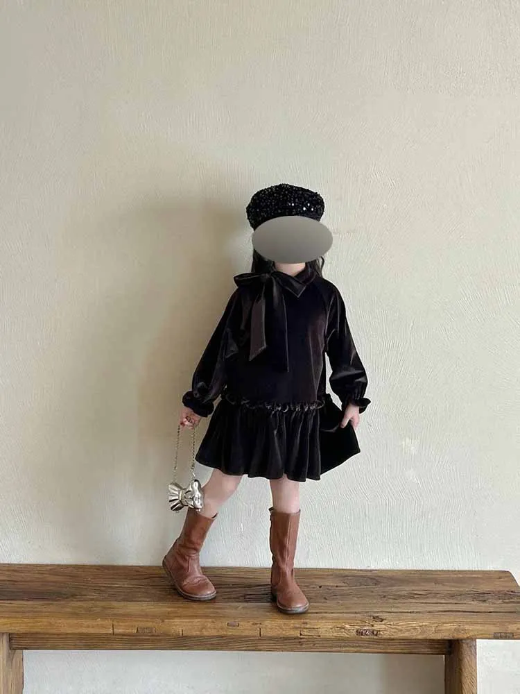 Hnq-Girls' Dress Autumn New Western Style Fashion Velvet Senior Elegant Princess Dress Children One Piece Dropshipping