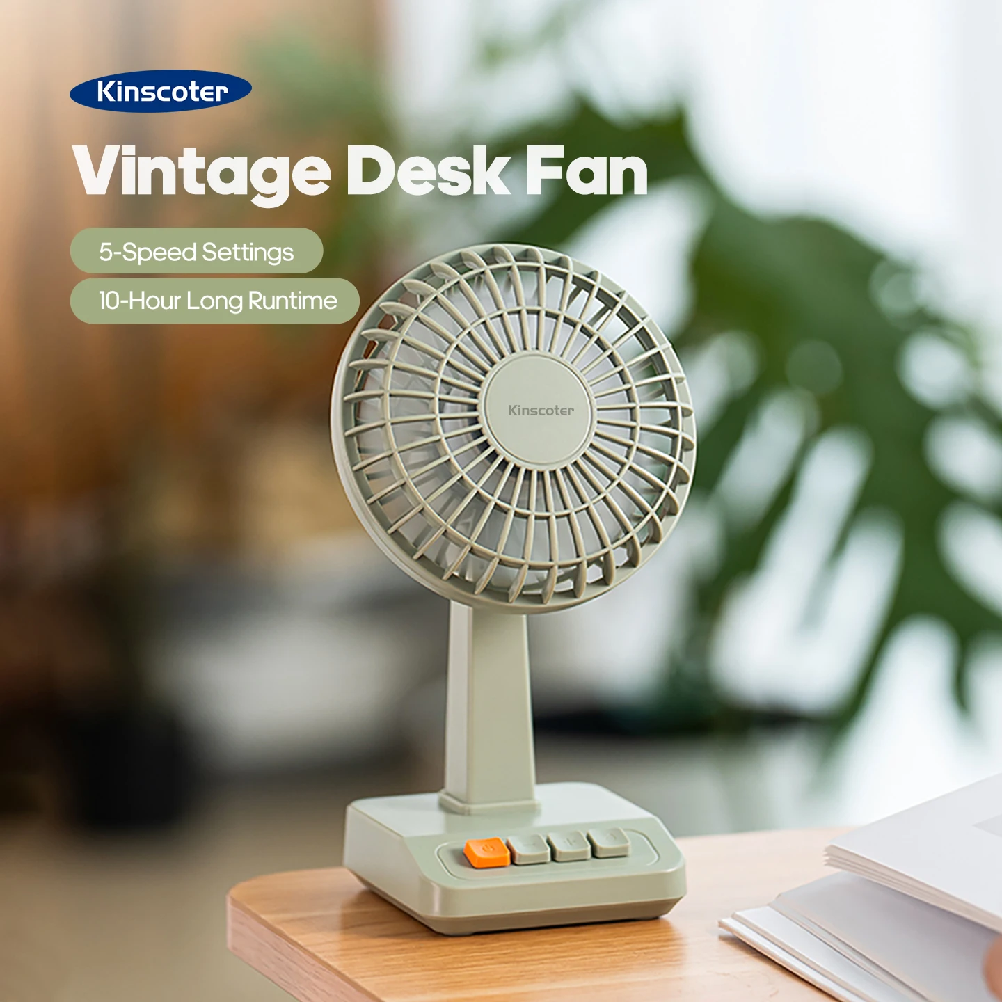 Neuer Vintage-Schreibtischventilator, 2000 mAh, 5-Gang-Geschwindigkeit, leiser, wiederaufladbarer Ventilator, winkelverstellbarer Mini-Luftzirkulator für Zuhause, Büro, Zimmer