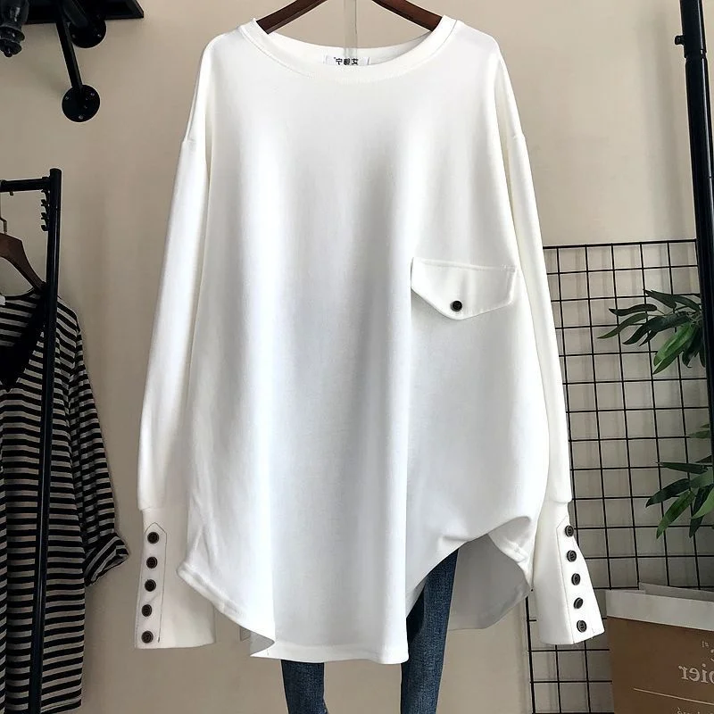 

Женская свободная футболка больших размеров с длинным рукавом, осенний базовый топ, скрывающий недостатки фигуры, в корейском стиле, для повседневной носки