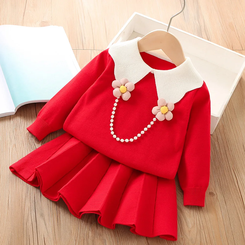 

Girls Knitting Suits Girls Korean Fashion Clothing Autumn Winter Sweater Knitting Tops + Skirt 2pcs Sets Girl Clothes Party Suit