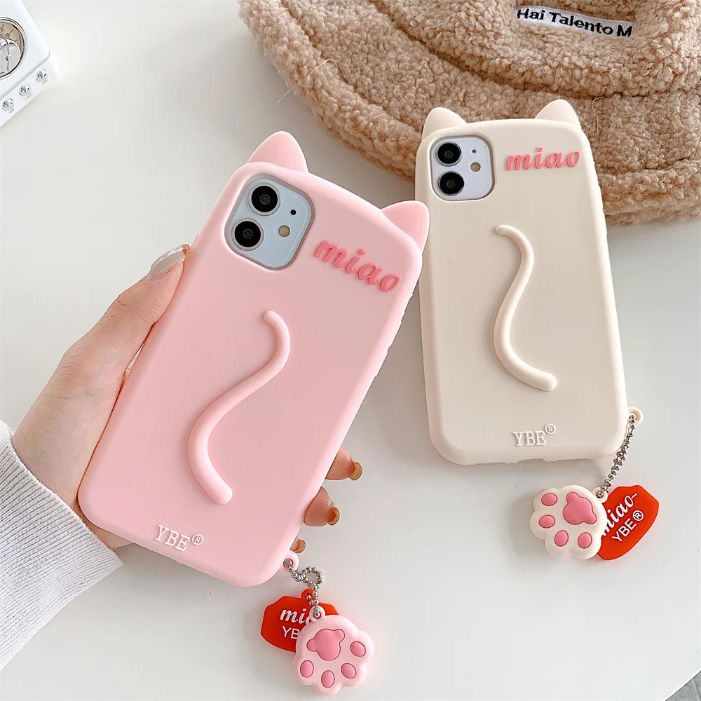 3D Cute Cat Ears tail Phone Case For iphone 16 15 14 Pro MAX 12 11 13Pro MAX XS XR X 7 8 Plus Cartoon Cat paw Pendant Soft Cover