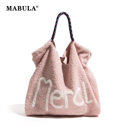 MABULA Lady Pink Lamb Like Fabric Casual Handbag Plush Faux Fur Letter Shopper Bag Big Fashion Winter Women Tote Purse for Daily