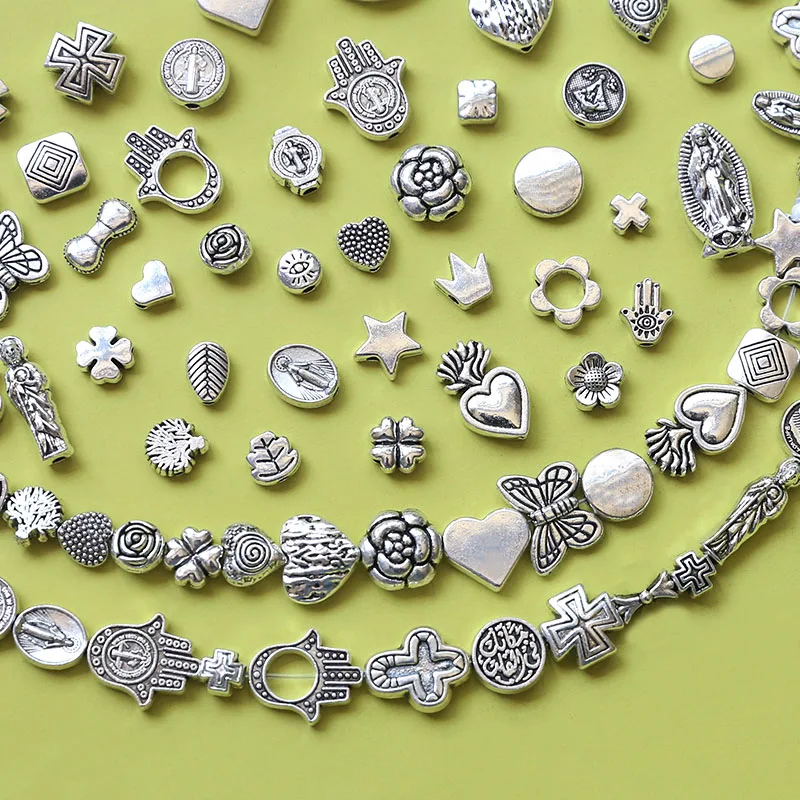 10pcs Vintage Old Vintage Silver Plated Collection Madonna Rose Cross Heart Pendant Diy Earrings handmade necklace accessories