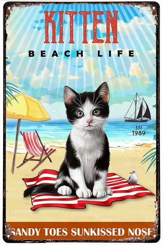 Funny Novelty Tin Sign Kitten Beach Life Metal Tin Sign Indoor & Outdoor Public telephoneHome Bar Coffee Kitchen Wall Decor 