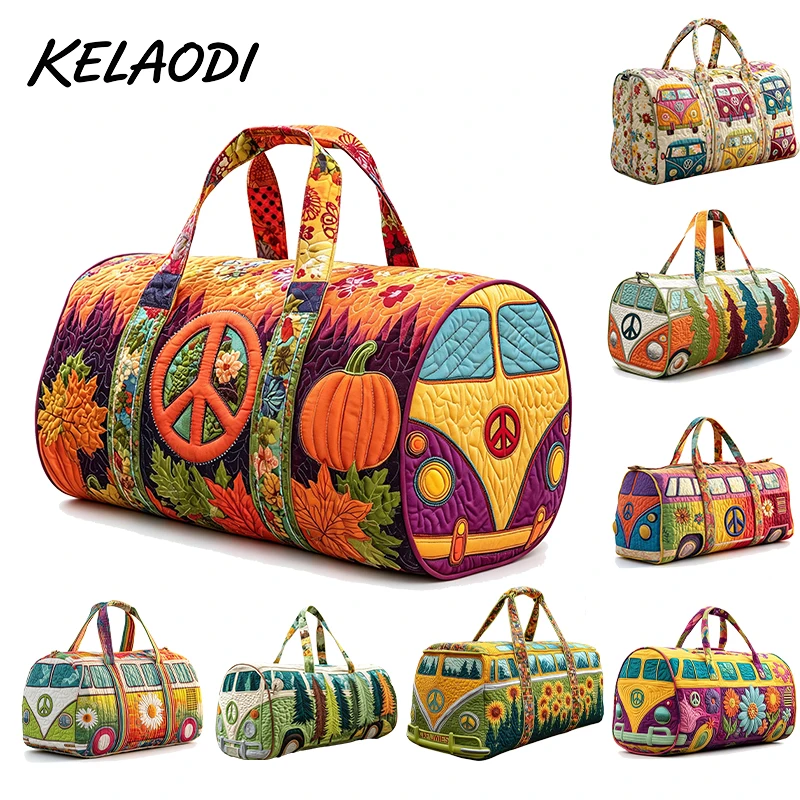 3D Quilted Retro Multi Color Bus Travel Bag with Adjustable Shoulder Strap Large Capacity Gym Camping Beach Weekend Handbag