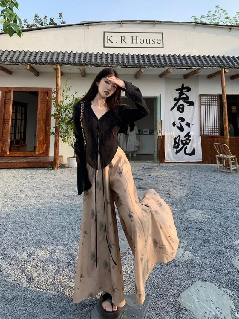 Korean Vintage Women's New Chinese Fashion Ribbon High Waist Trouser Skirt Female Baggy Elegant Skirt Pants Y2k Clothes